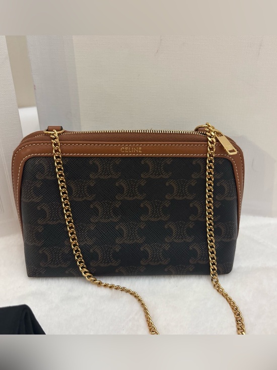 Celine Handbags - Celine Brown and Tan Triomphe Canvas Crossbody with Gold Chain
